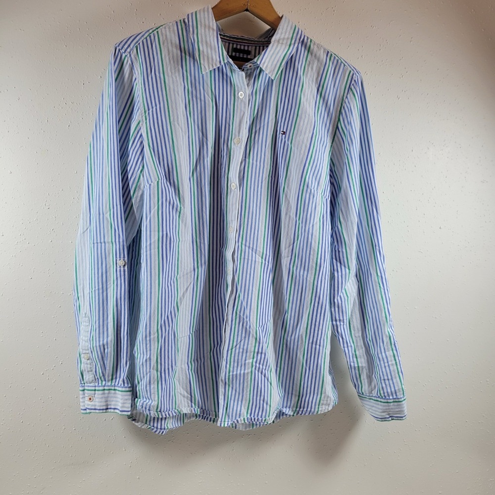 Tommy Hilfiger Button Down Womens L Blue Green Excellent Striped Roll-Tab Sleeve